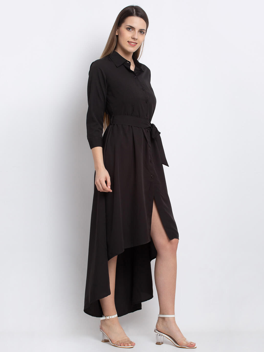 Emeros Women Black High-Low Button-up Dress with Belt