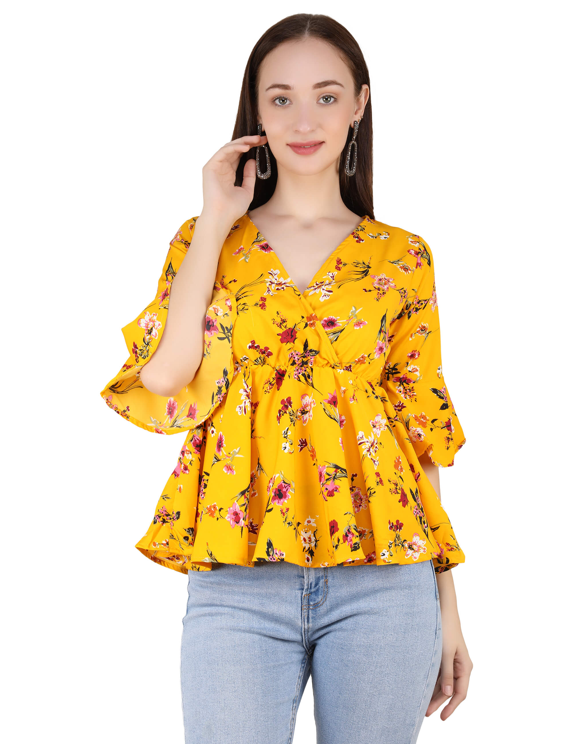 yellow floral wrap top